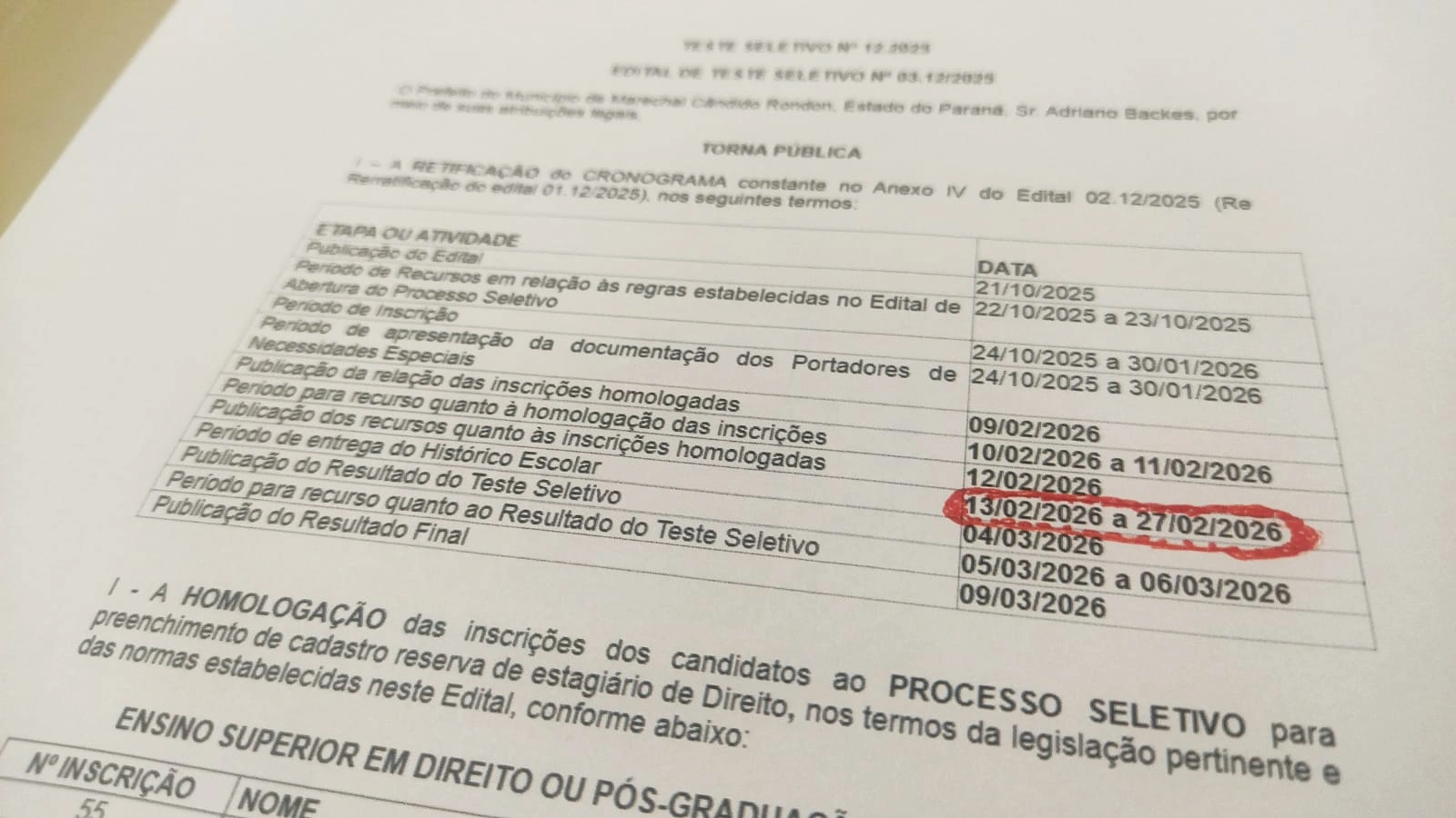 Último dia para que os inscritos no processo seletivo de estágio em Direito na prefeitura rondonense entreguem o histórico escolar é nesta sexta-feira