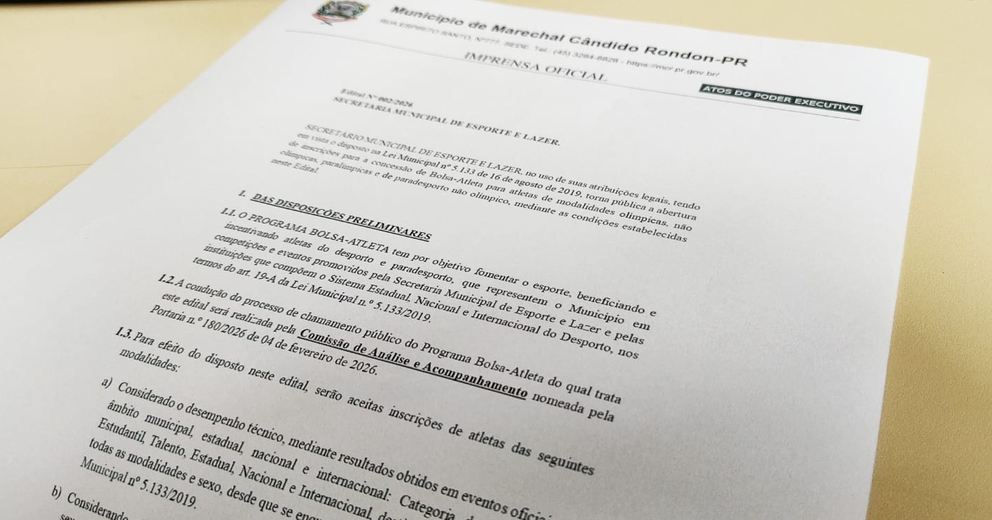 Estão abertas as inscrições para o programa Bolsa Atleta 2026 em Marechal Cândido Rondon
