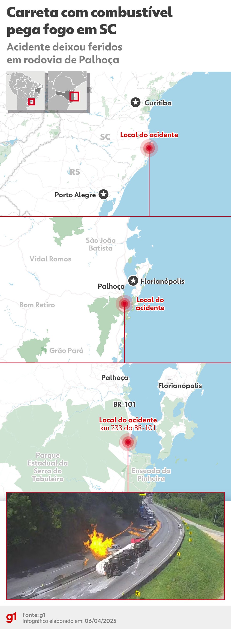 Mapa mostra local onde carreta tombou e pegou fogo na BR-101 em Palhoça — Foto: Arte/g1