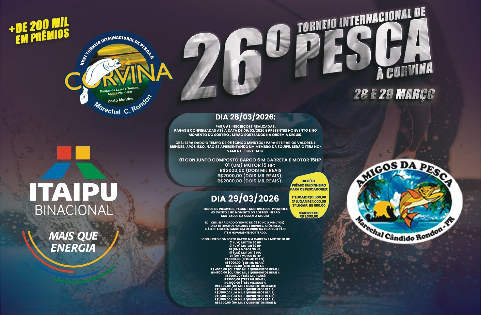 Ainda há vagas para o 26º Torneio Internacional de Pesca à Corvina de Marechal Rondon
