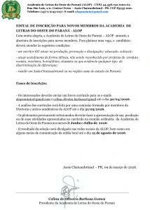 Academia de Letras do Oeste do Paraná abre inscrições para novos membros 