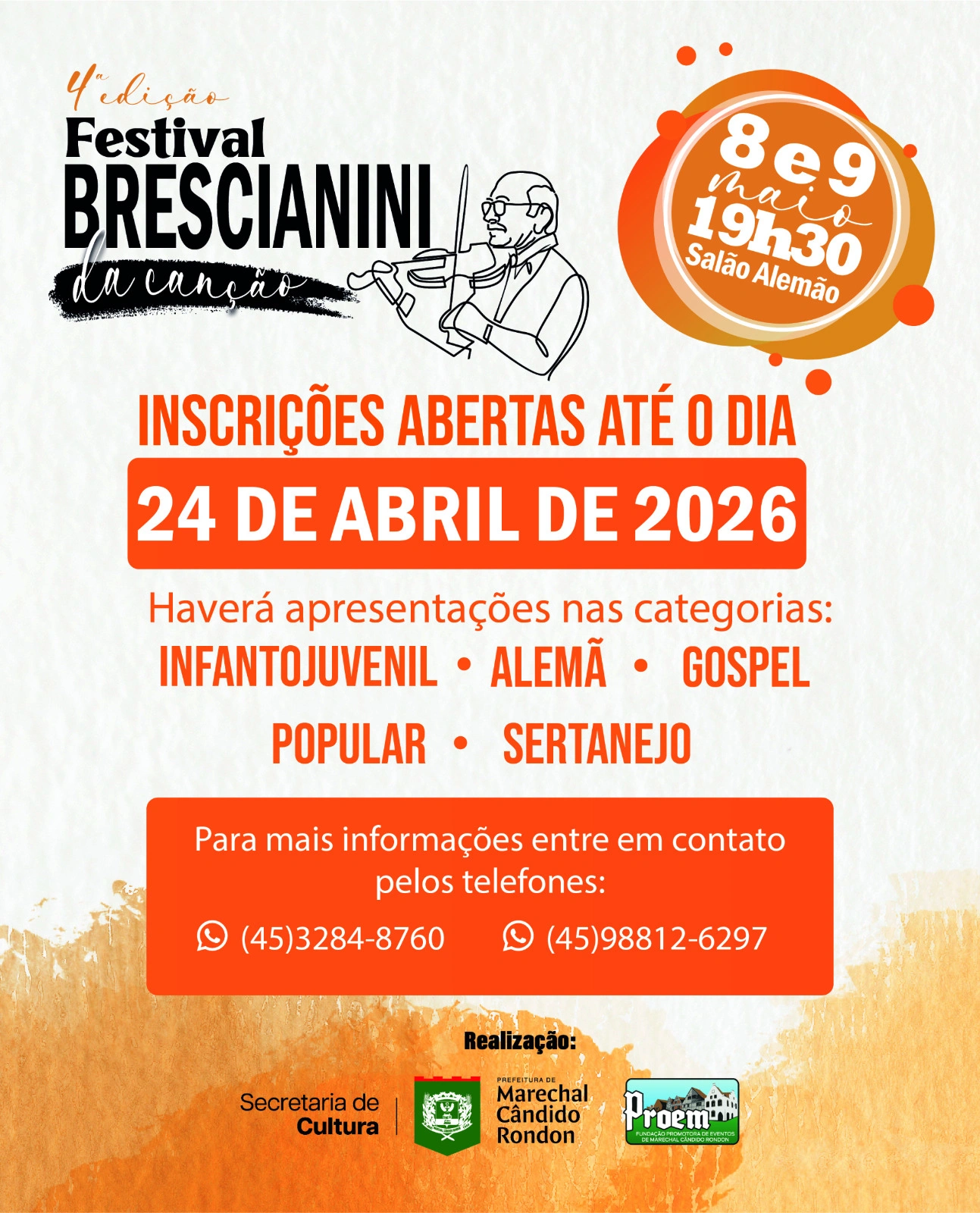 Abertas as inscrições para o 4º Festival Brescianini da Canção de Marechal Cândido Rondon