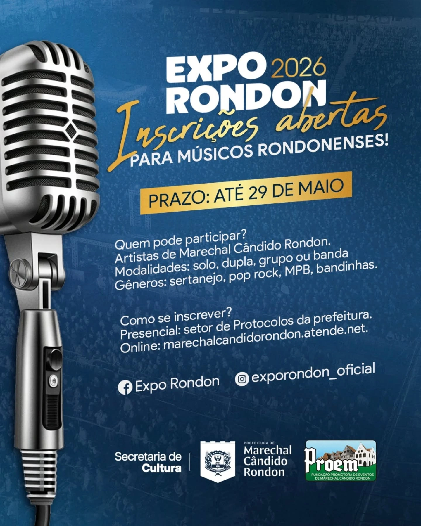 Músicos rondonenses interessados em se apresentar na Expo Rondon 2026 devem se inscrever até o dia 29 de maio