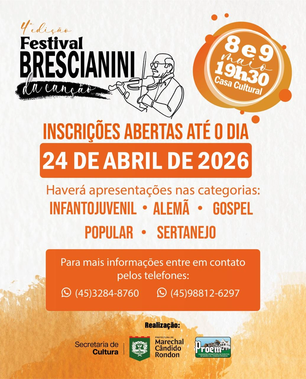 Encerram-se nesta sexta-feira as inscrições para o 4º Festival Brescianini da Canção de Marechal Cândido Rondon