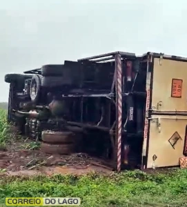 Caminhão tomba e invade lavoura na PR-495 entre Santa Helena e Entre Rios do Oeste