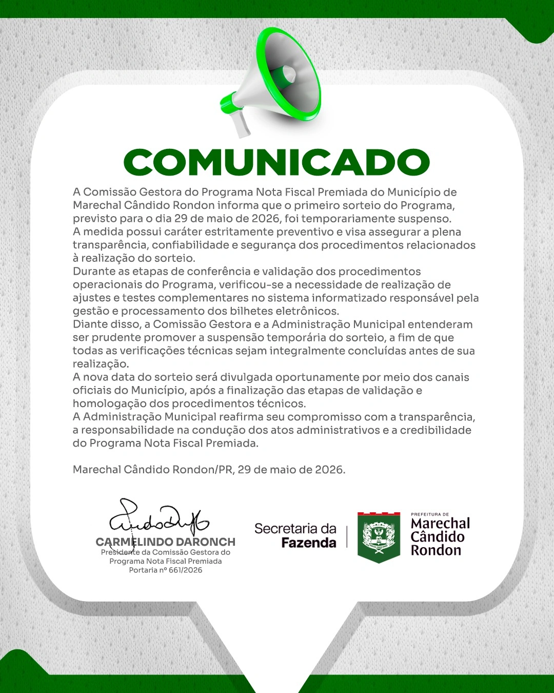 Primeiro sorteio do Nota Fiscal Premiada é adiado