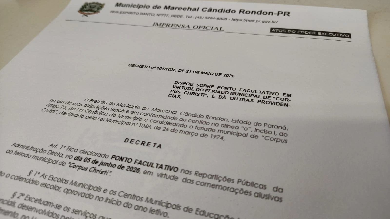 Prefeitura rondonense decreta ponto facultativo na sexta-feira em razão do feriado de Corpus Christi