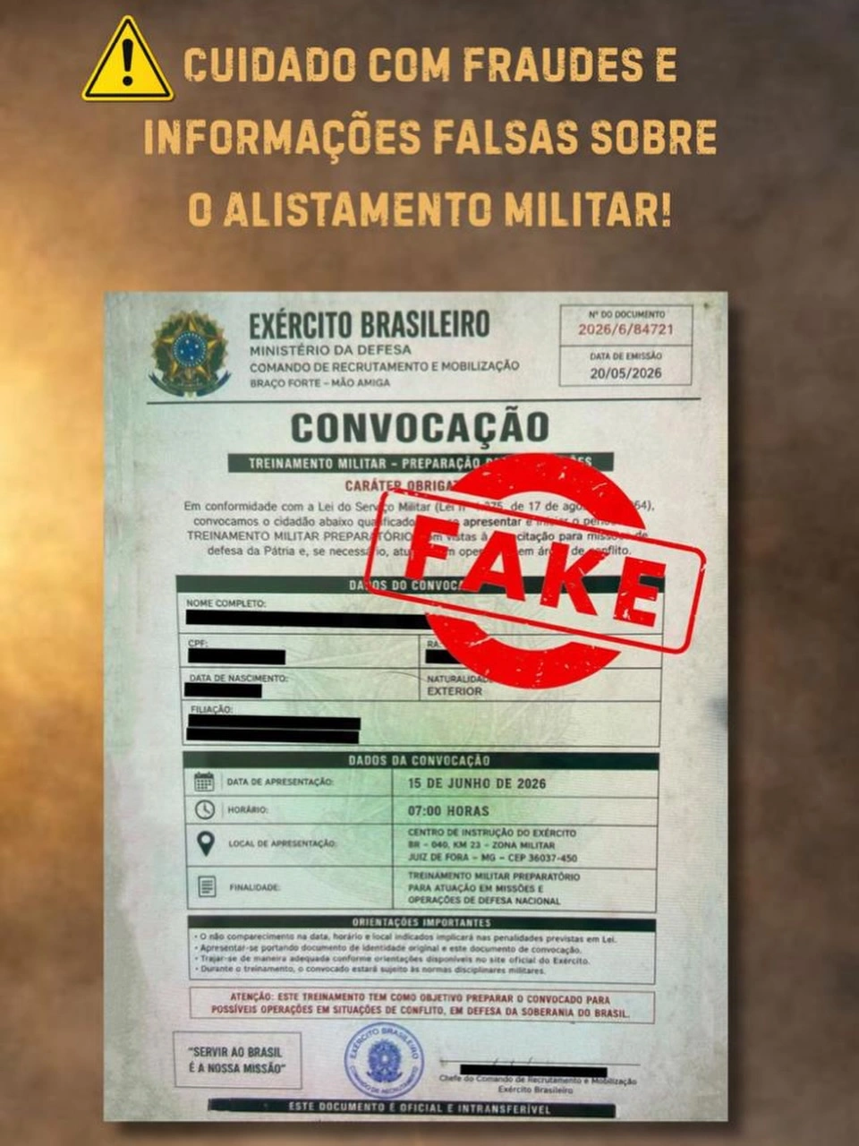Junta Militar orienta jovens sobre golpes com falsas convocações para o Serviço Militar
