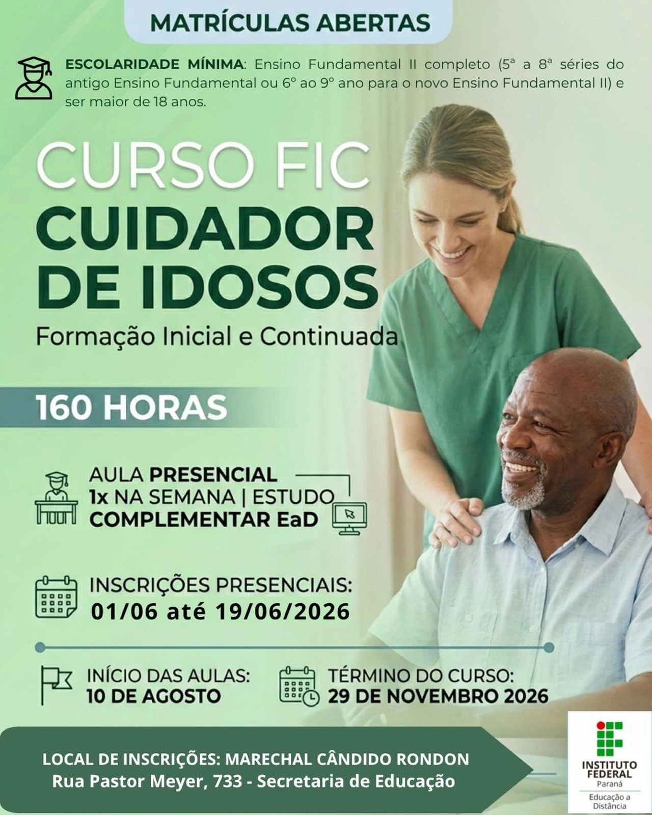 Estão abertas as inscrições para o curso gratuito de Cuidador de Idosos do IFPR em Marechal Cândido Rondon