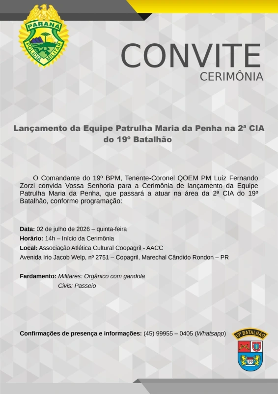 Lançamento da Patrulha Maria da Penha em Marechal Rondon será na próxima quinta-feira (02)