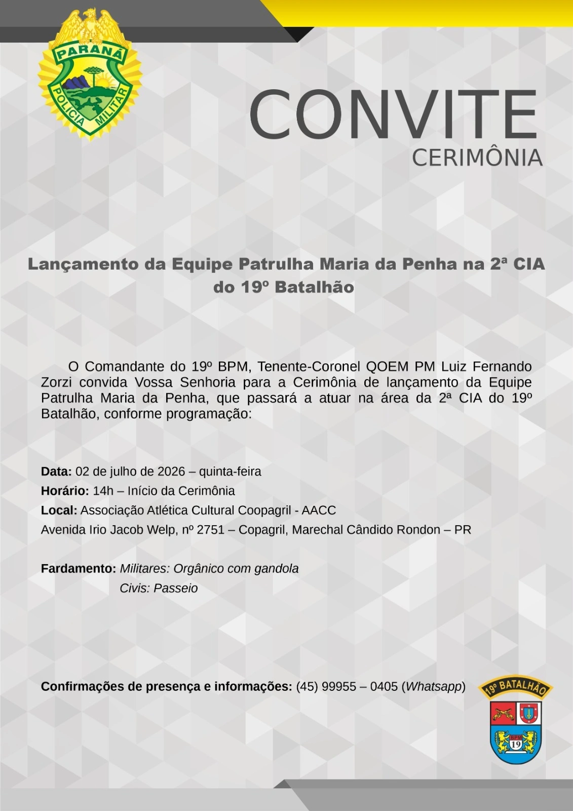 Lançamento da Patrulha Maria da Penha em Marechal Rondon será na próxima quinta-feira (02)