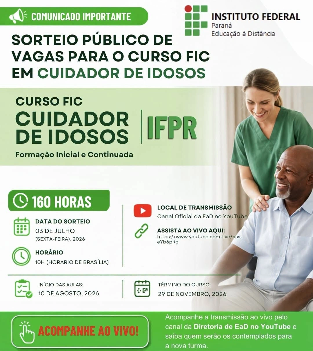 IFPR realiza nesta sexta-feira sorteio público de vagas para o curso de Cuidador de Idosos
