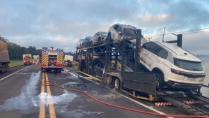 Vídeo: caminhão-cegonha com aproximadamente 10 carros pega fogo na BR-277