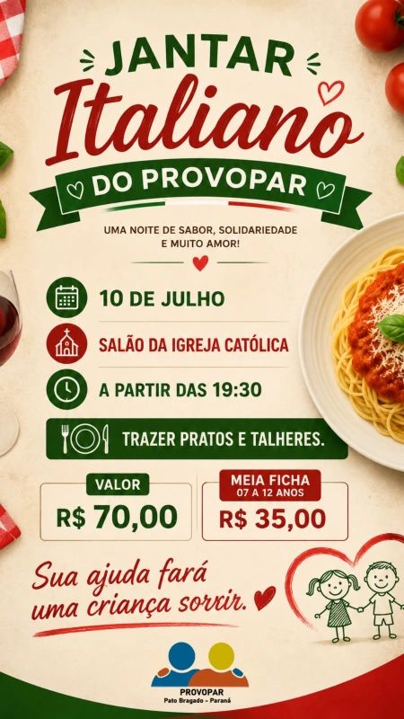 Provopar de Pato Bragado promove Jantar Italiano beneficente nesta sexta-feira (10)