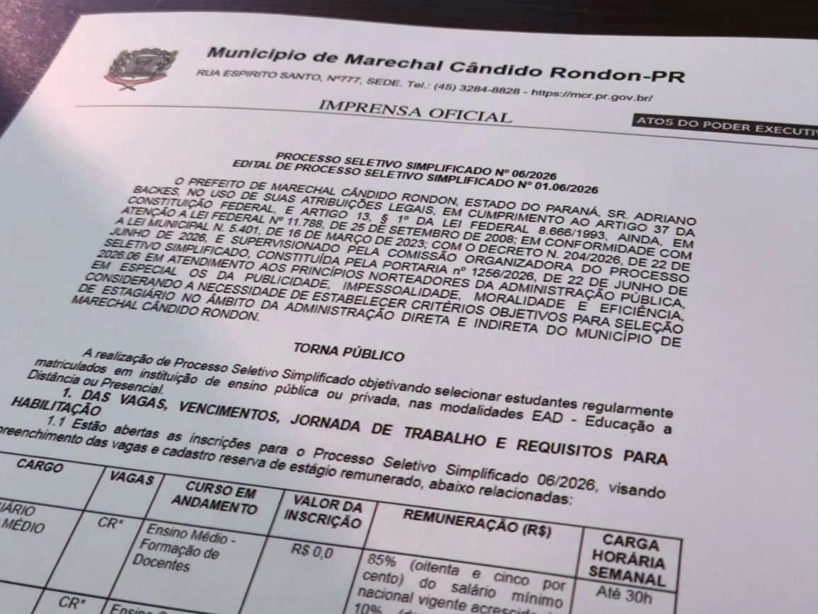 Abertas as inscrições para PSS na área da Educação em Marechal Rondon