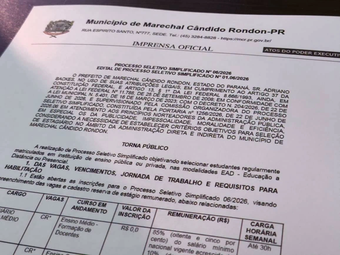 Inscrições para PSS na área da Educação em Marechal Rondon terminam nesta segunda-feira (27)
