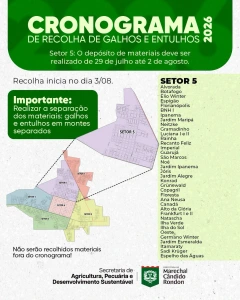 Moradores do setor 5 podem depositar galhos, entulhos e materiais inservíveis em Marechal Rondon