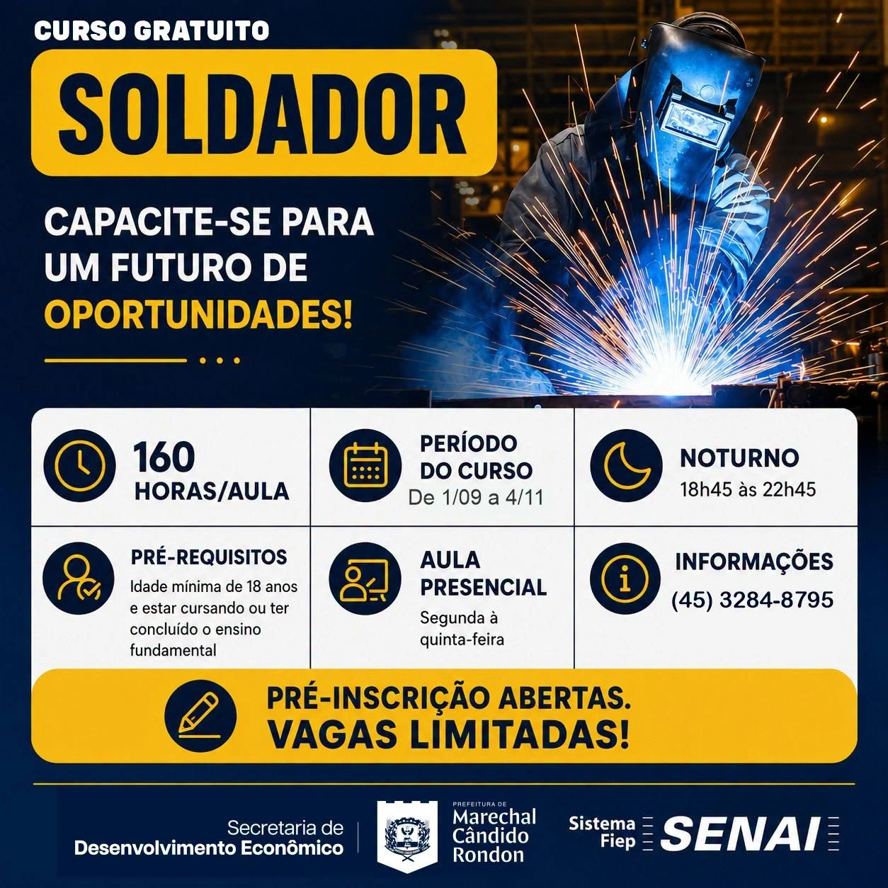 Prefeitura e Senai oferecem curso gratuito de soldador