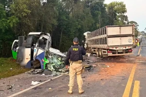 Acidente entre caminhão e micro-ônibus deixa ao menos 22 mortos na BR-373, no Paraná