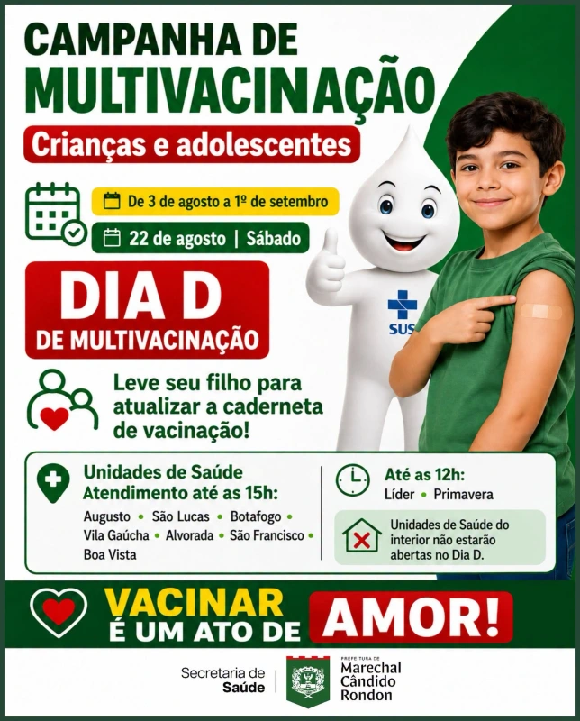 Dia D da Campanha de Multivacinação para crianças e adolescentes acontece neste sábado