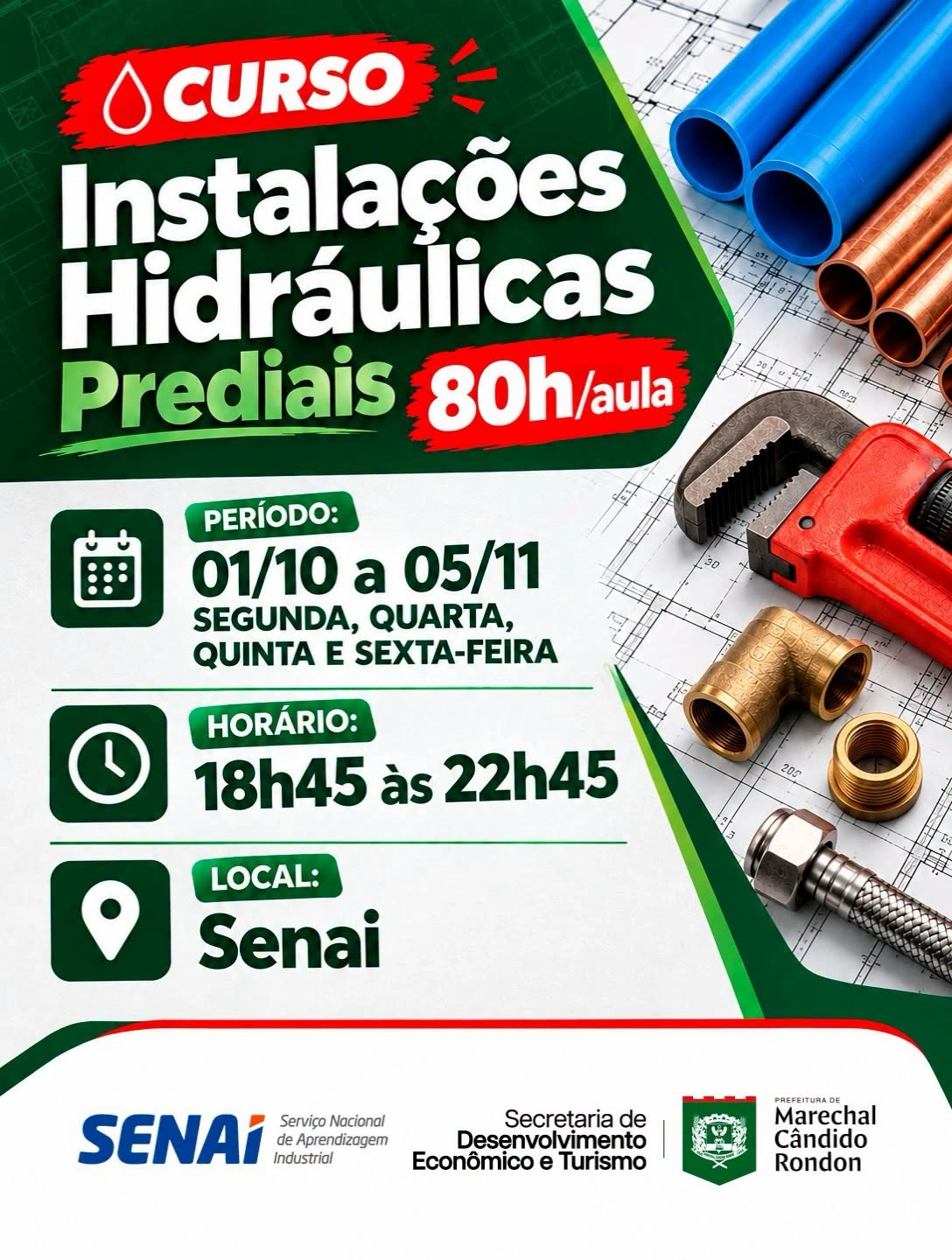 Prefeitura e Senai promovem curso gratuito de Instalações Hidráulicas Prediais