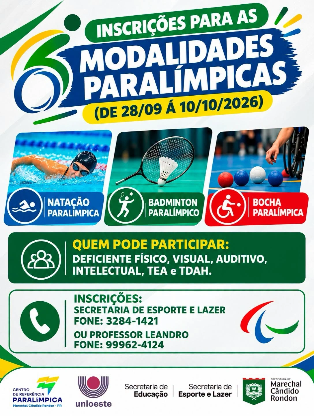 Inscrições abertas para modalidades paralímpicas em Marechal Cândido Rondon