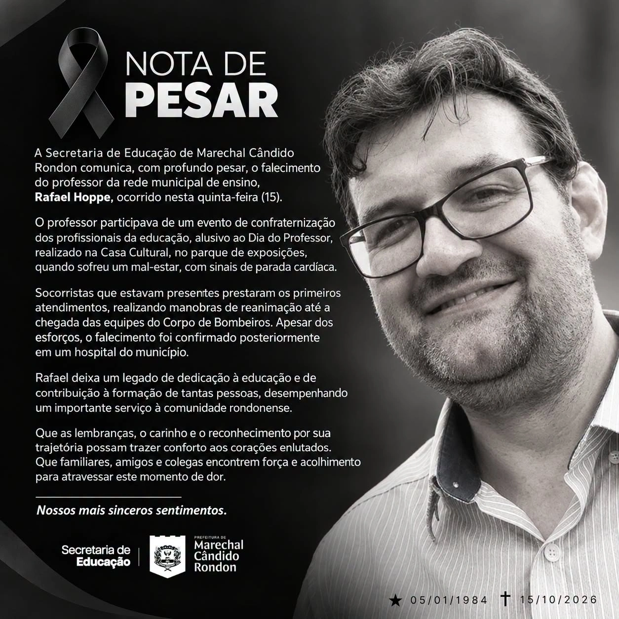 Professor da rede municipal de Marechal Rondon morre após mal-estar em evento