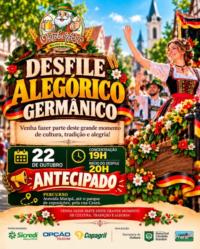 Desfile Alegórico Germânico da 36ª Oktoberfest de Marechal Rondon é antecipado para esta quinta-feira