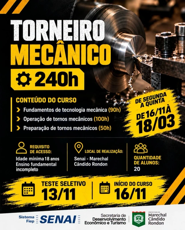 Prefeitura e Senai oferecem curso gratuito de Torneiro Mecânico