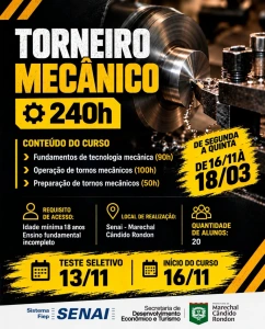Prefeitura e Senai oferecem curso gratuito de Torneiro Mecânico