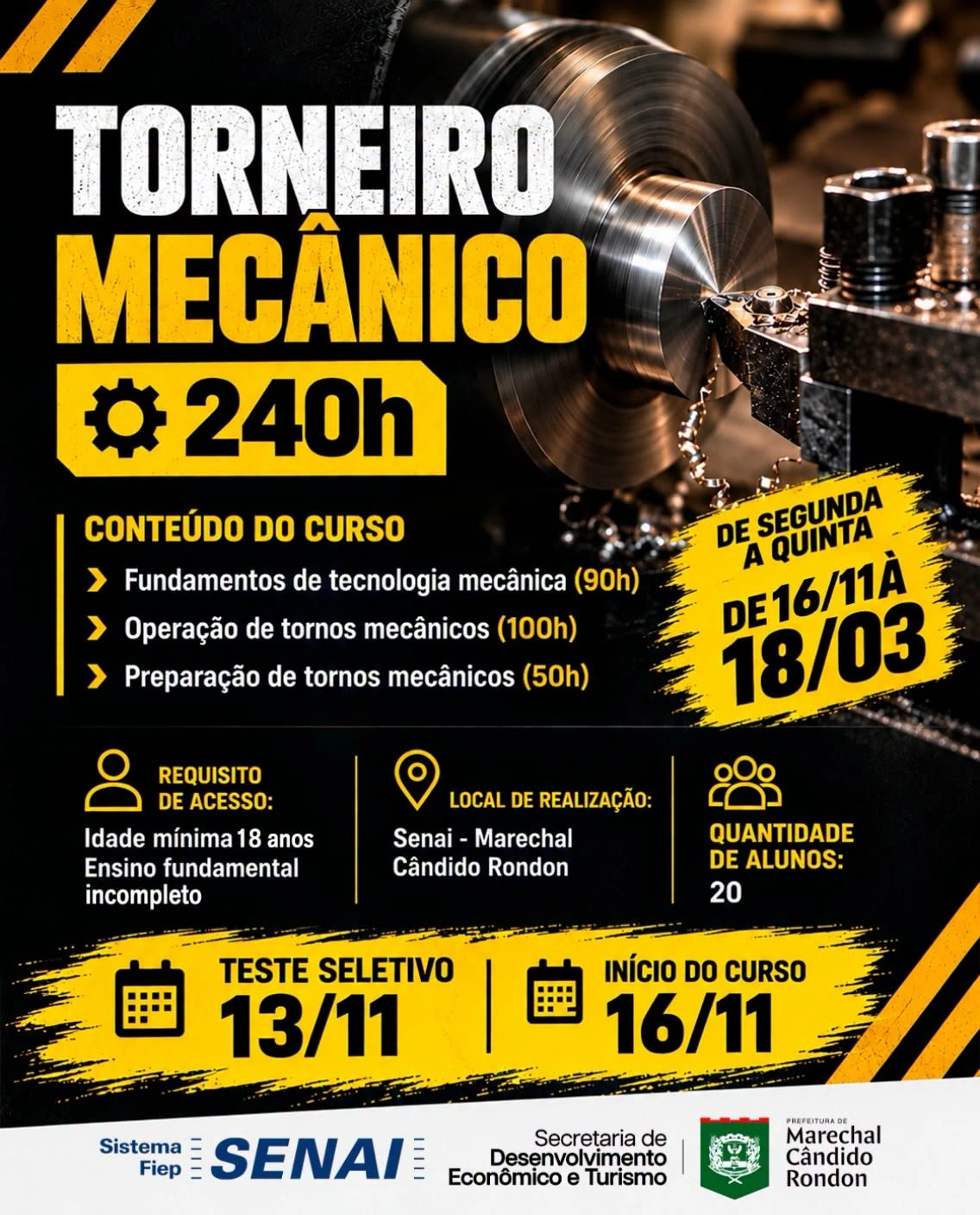 Prefeitura e Senai oferecem curso gratuito de Torneiro Mecânico