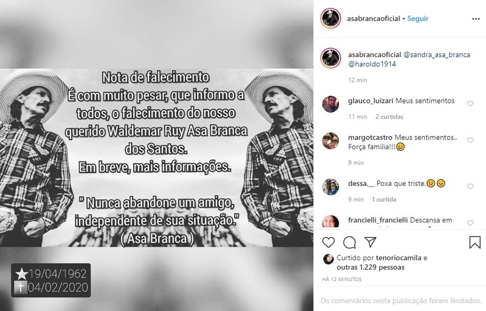 Post oficial sobre a morte de Asa Branca no Instagram — Foto: Reprodução/Rede Social Post oficial sobre a morte de Asa Branca no Instagram — Foto: Reprodução/Rede Social