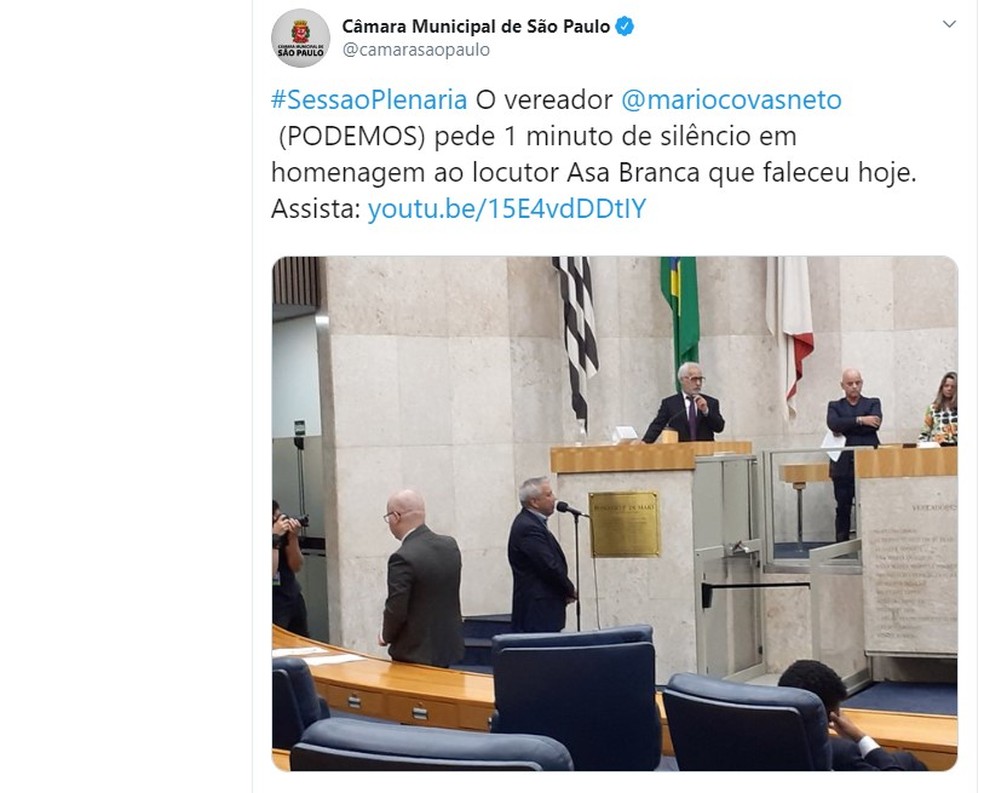 Câmara de Vereadores de São Paulo faz minuto de silêncio após a notícia da morte do locutor Asa Branca — Foto: Reprodução/Câmara Municipal de Vereadores de São Paulo Câmara de Vereadores de São Paulo faz minuto de silêncio após a notícia da morte do locutor Asa Branca — Foto: Reprodução/Câmara Municipal de Vereadores de São Paulo