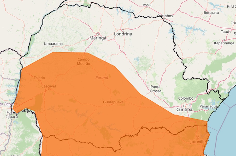 Inmet emite alerta de perigo de tempestade para 199 municípios do Paraná; veja lista — Foto: INMET