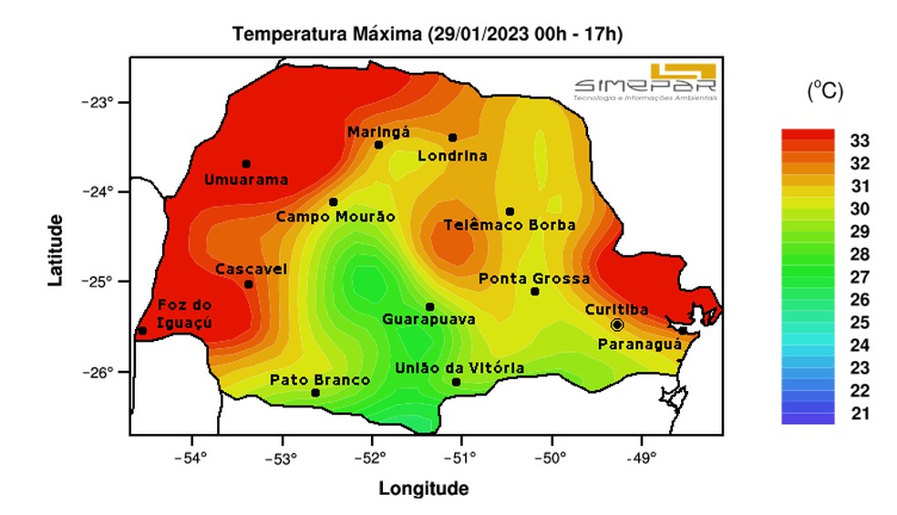 Temperaturas deste domingo (29) no Paraná — Foto: Simepar