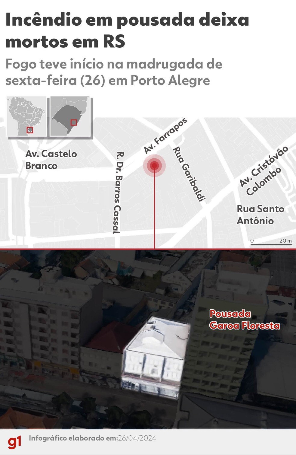Local da pousada que foi atingida por incêndio que matou pessoas em Porto Alegre — Foto: g1