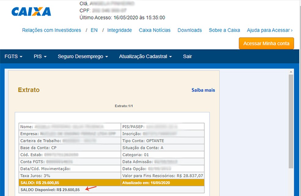 Extrato apresenta saldo disponível na conta do FGTS — Foto: Reprodução/Caroline Doms