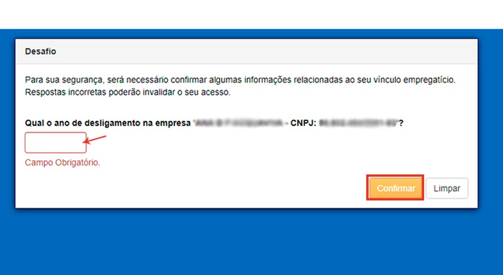 Site da Caixa realiza perguntas de segurança sobre o histórico contratual do trabalhador — Foto: Reprodução/Caroline Doms